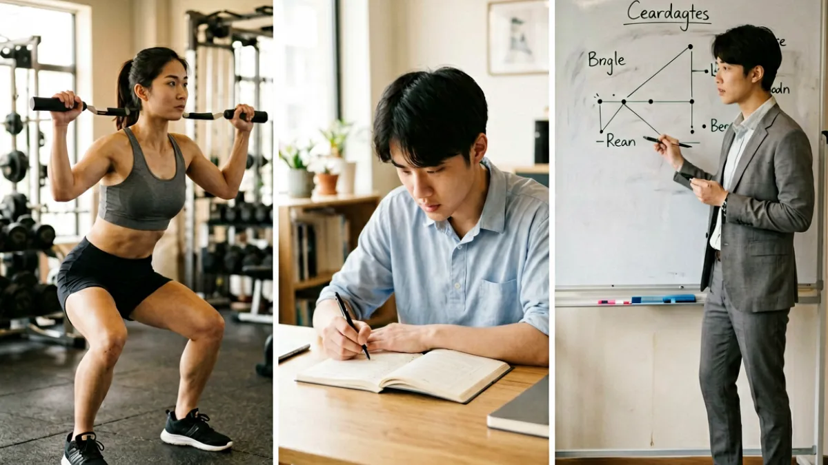 三个不同场景的并列插图：运动训练、学习备考、工作项目冲刺，代表用力啊在多种生活场景中的实际应用
