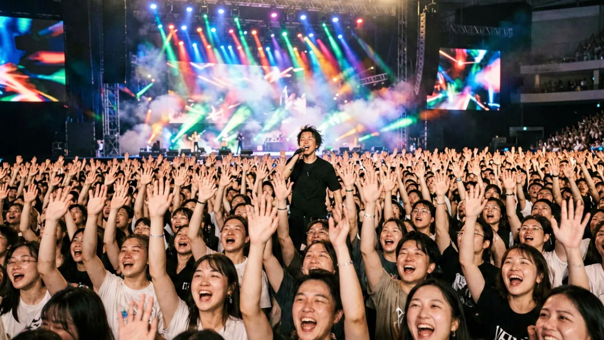 音乐现场观众跟着节拍挥舞双臂演唱用力啊歌词的热烈氛围